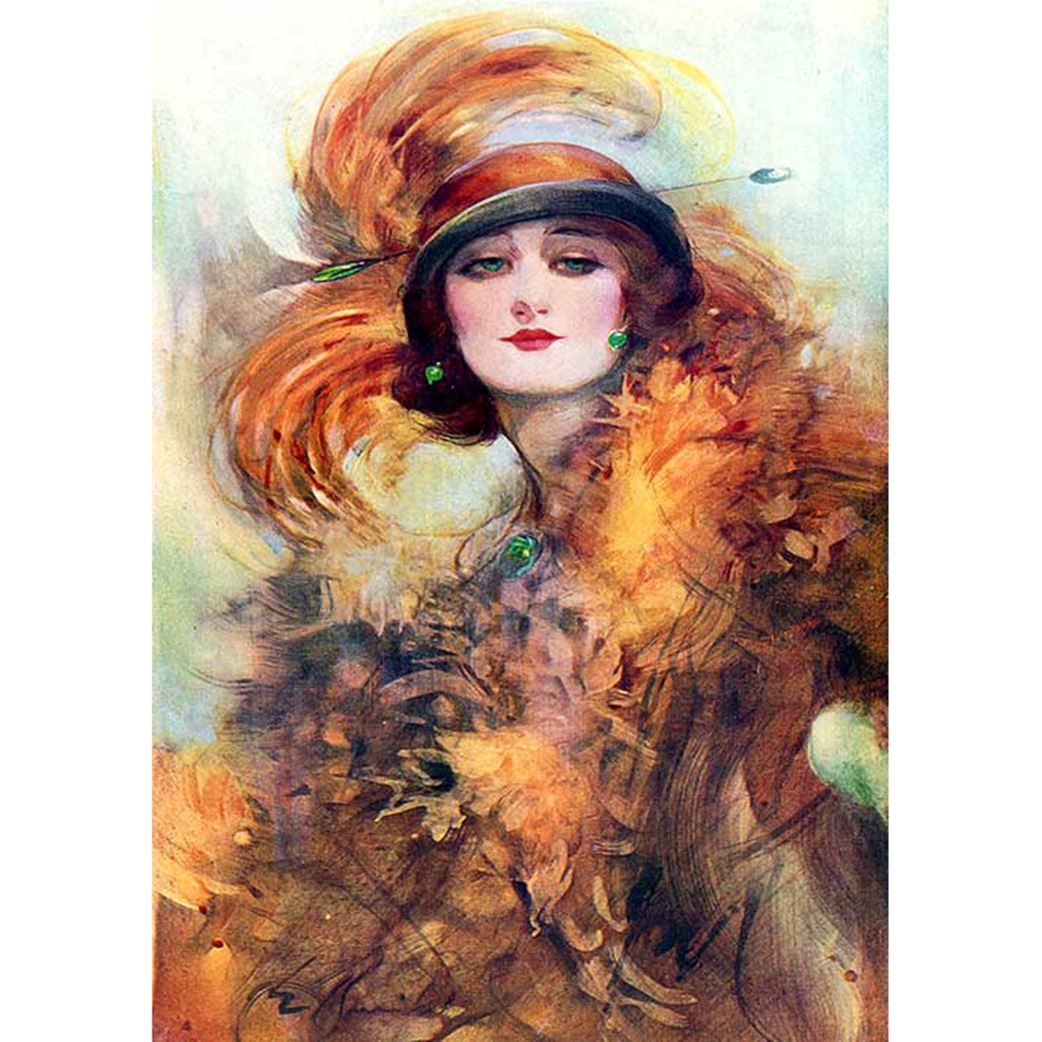 Rice paper design featuring a fashionable jazz age lady in a feathered hat and boa in earthy orange colors. White borders are on the sides.