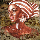 Close-up of a rice paper featuring a watercolor painting of a beautiful woman of color with a striped scarf against a grungy olive background.