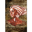 Rice paper featuring a watercolor painting of a beautiful woman of color with a striped scarf against a grungy olive background.