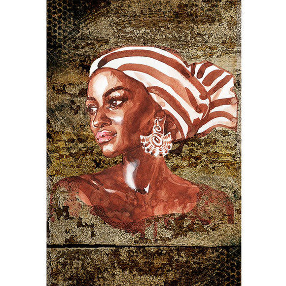 Rice paper featuring a watercolor painting of a beautiful woman of color with a striped scarf against a grungy olive background.
