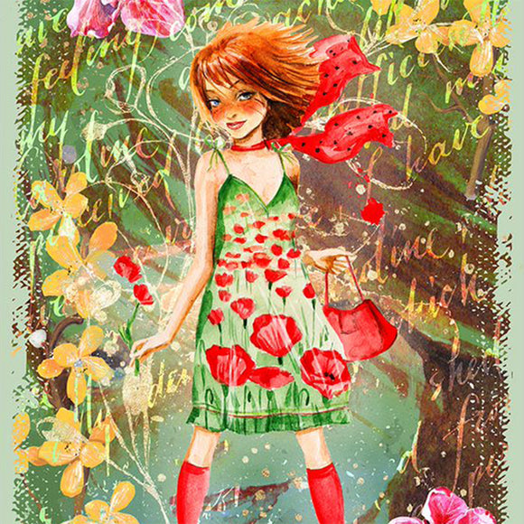 Close-up of a rice paper featuring a vibrant redhaired young woman in a green dress with red poppies amidst beautiful cream flowers, all on a green background with cream script writing.