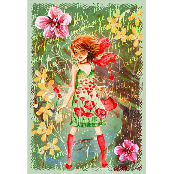 Rice paper featuring a vibrant redhaired young woman in a green dress with red poppies amidst beautiful cream flowers, all on a green background with cream script writing.