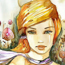 Close-up of a rice paper featuring a stunning watercolor image of a redhead woman surrounded by blooming flowers.