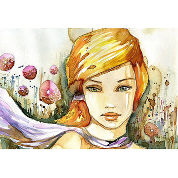 Rice paper featuring a stunning watercolor image of a redhead woman surrounded by blooming flowers.