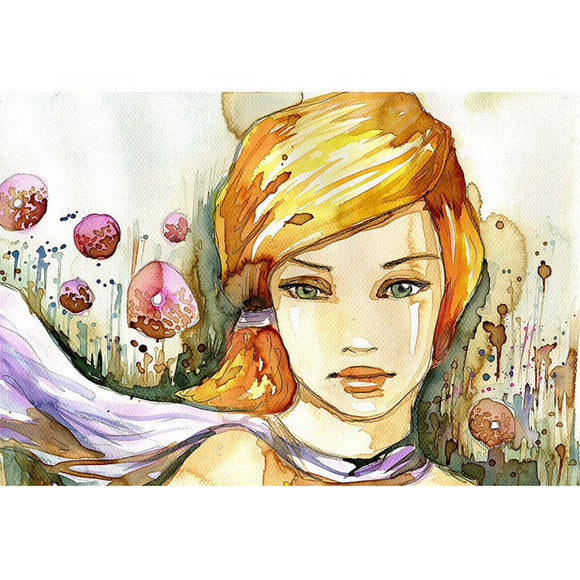 Rice paper featuring a stunning watercolor image of a redhead woman surrounded by blooming flowers.