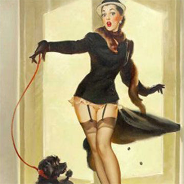 Close-up of a rice paper featuring a sharp dressed woman with her black skirt being blown off while strolling with her furry companion on a blustery day.