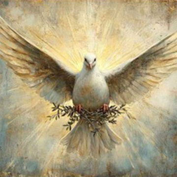 Close-up of 'Wings of Peace' decoupage paper by Paper Designs Italy, showing a radiant white dove in flight holding an olive branch, with golden light emanating from behind on a softly textured background.