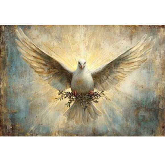 Full sheet of 'Wings of Peace' decoupage paper from Paper Designs Italy, featuring a symbolic white dove with outstretched wings carrying an olive branch, set against a painterly background with warm light and soft blue-gray tones.