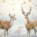 Close-up of a rice paper featuring a snowy clearing with a majestic buck and doe, surrounded by delicate pink flowers and serene trees.