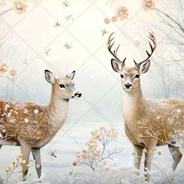 Close-up of a rice paper featuring a snowy clearing with a majestic buck and doe, surrounded by delicate pink flowers and serene trees.