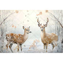 Rice paper featuring a snowy clearing with a majestic buck and doe, surrounded by delicate pink flowers and serene trees.