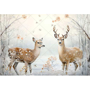 Rice paper featuring a snowy clearing with a majestic buck and doe, surrounded by delicate pink flowers and serene trees.