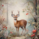 Close-up of a rice paper featuring a majestic buck amid a frosty forest of trees and vibrant red berries.