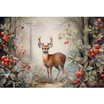 Rice paper featuring a majestic buck amid a frosty forest of trees and vibrant red berries.