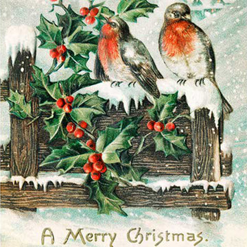 Close-up of a rice paper featuring two cheerful robins perch on a fence post surrounded by holly berries against a snowy backdrop, with the festive greeting "A Merry Christmas" below.