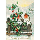 Rice paper featuring two cheerful robins perch on a fence post surrounded by holly berries against a snowy backdrop, with the festive greeting "A Merry Christmas" below.