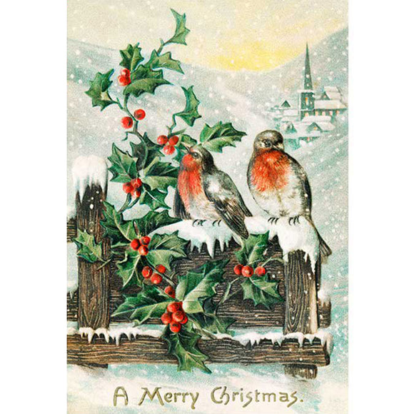 Rice paper featuring two cheerful robins perch on a fence post surrounded by holly berries against a snowy backdrop, with the festive greeting "A Merry Christmas" below.