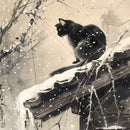 Close-up of a rice paper featuring a black cat perched on a snowy roof with snow falling all around.