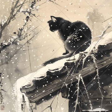 Close-up of a rice paper featuring a black cat perched on a snowy roof with snow falling all around.