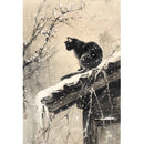 Rice paper featuring a black cat perched on a snowy roof with snow falling all around.
