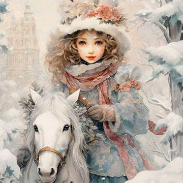 Close-up of a rice paper featuring a young woman on a white horse in a wintery forest.