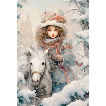 Rice paper featuring a young woman on a white horse in a wintery forest.