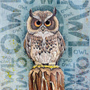 Close-up of a rice paper featuring an adorable owl perched on a stump amidst a repeating 'OWL' pattern on a blue backdrop. 