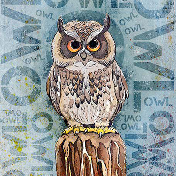 Close-up of a rice paper featuring an adorable owl perched on a stump amidst a repeating 'OWL' pattern on a blue backdrop. 