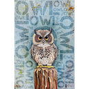 Rice paper featuring an adorable owl perched on a stump amidst a repeating 'OWL' pattern on a blue backdrop. 