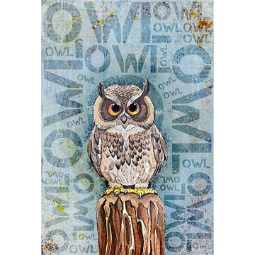 Rice paper featuring an adorable owl perched on a stump amidst a repeating 'OWL' pattern on a blue backdrop. 