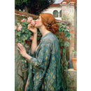 Rice paper featuring colorful drawing of a woman in a teal wrap taking in the sweet scent of pink climbing roses.