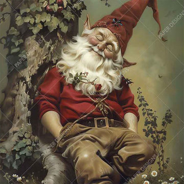 Close-up of a rice paper featuring an adorable sleepy gnome in a bright red hat and shirt, snoozing peacefully against a tree trunk in his cozy brown pants.