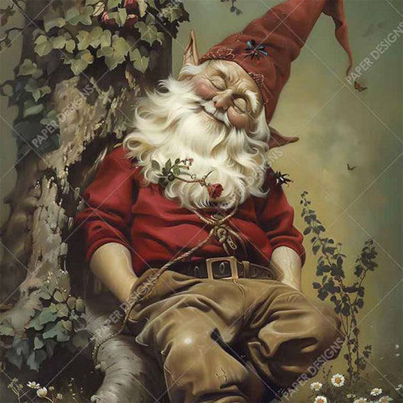 Close-up of a rice paper featuring an adorable sleepy gnome in a bright red hat and shirt, snoozing peacefully against a tree trunk in his cozy brown pants.