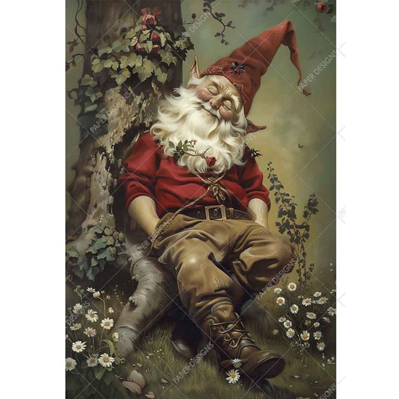 Rice paper featuring an adorable sleepy gnome in a bright red hat and shirt, snoozing peacefully against a tree trunk in his cozy brown pants.