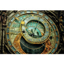 Rice paper featuring an intricate antique zodiac clock in patina colors frames in gothic skeleton designs.