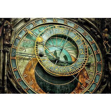Rice paper featuring an intricate antique zodiac clock in patina colors frames in gothic skeleton designs.