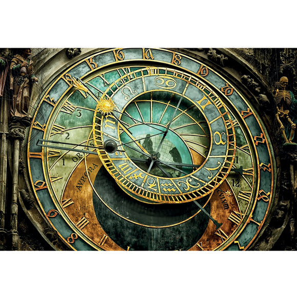 Rice paper featuring an intricate antique zodiac clock in patina colors frames in gothic skeleton designs.