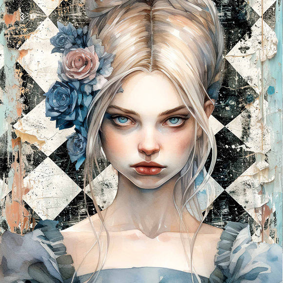 Close-up of a rice paper featuring a striking image of Dark Alice, inspired by the classic tale of Alice in Wonderland against a distressed classic harlequin background.