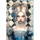 Rice paper featuring a striking image of Dark Alice, inspired by the classic tale of Alice in Wonderland against a distressed classic harlequin background.