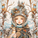 Artistic depiction of a person wearing a decorative hat with birds and nature elements