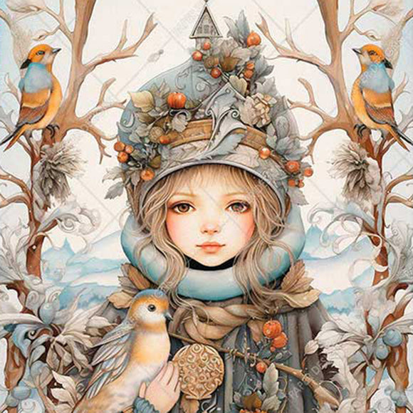 Artistic depiction of a person wearing a decorative hat with birds and nature elements