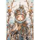 Artistic illustration of a person in a winter-themed outfit with birds and nature elements.