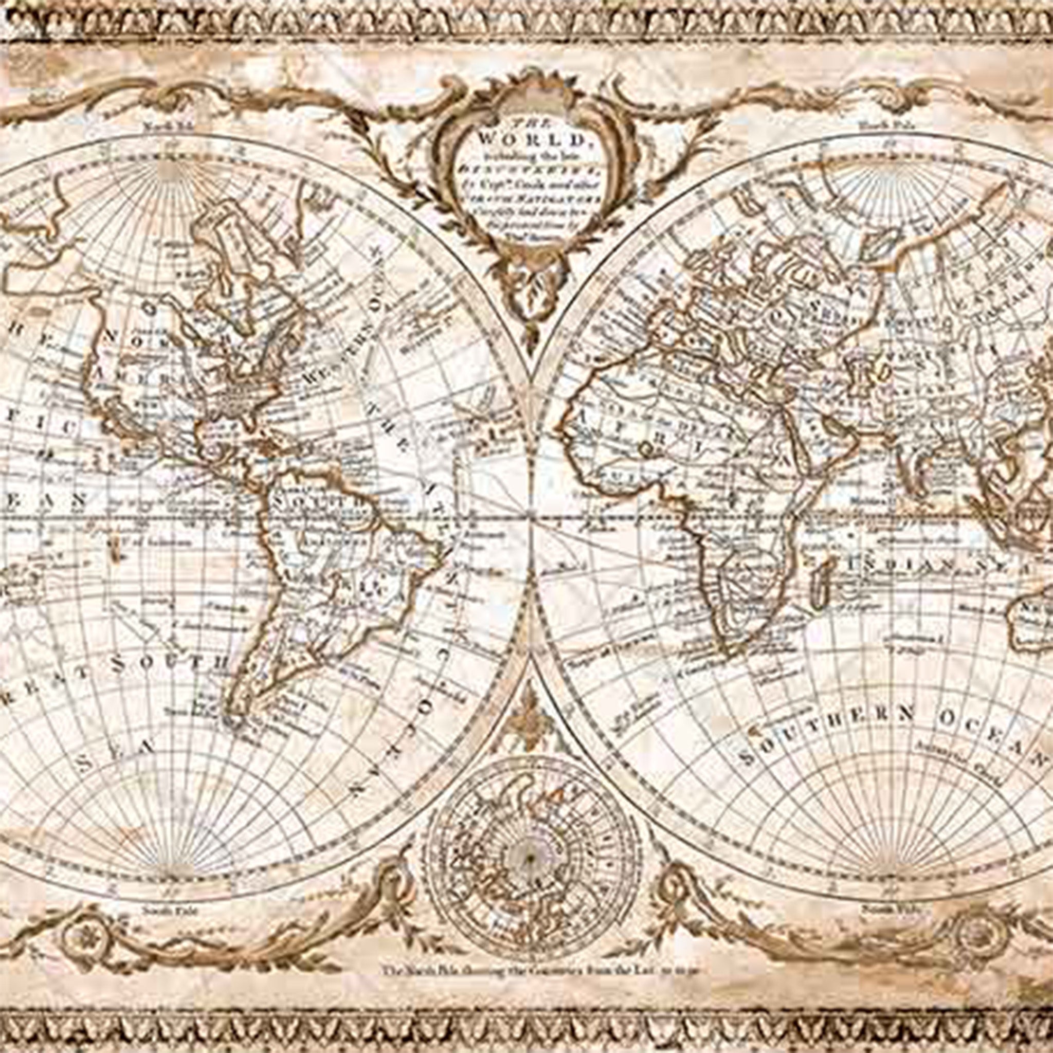 Vintage world map with decorative elements on a beige background