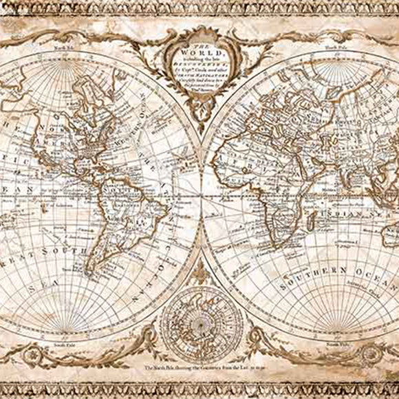 Vintage world map with decorative elements on a beige background