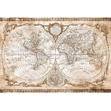 Vintage-style world map with decorative border on a white background