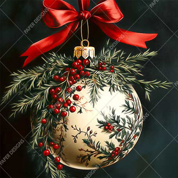 Decorative Christmas ornament with a red bow on a dark background