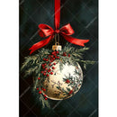 Decorative Christmas ornament with gold ball, red berries, greenery, and red ribbon on a dark background.