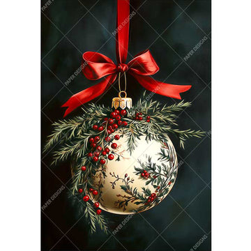 Decorative Christmas ornament with gold ball, red berries, greenery, and red ribbon on a dark background.
