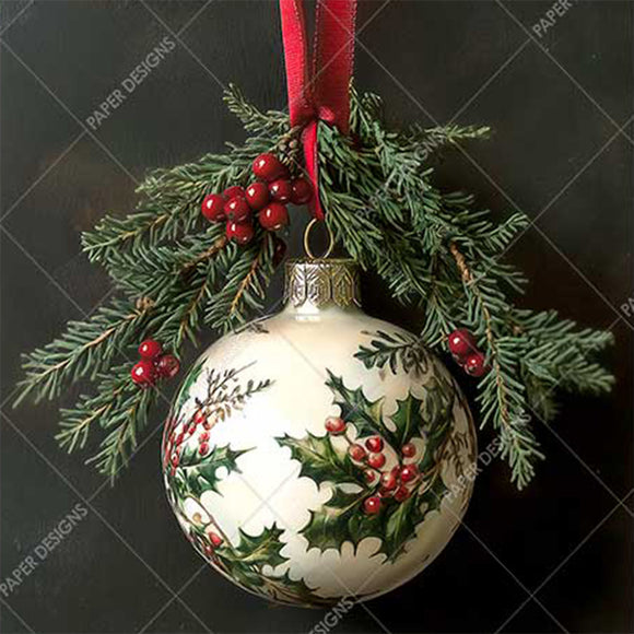 Decorative Christmas ball ornament with holly design hanging on a branch against a dark background.