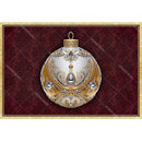 Decorative Christmas ornament with gold and silver details on a red patterned background